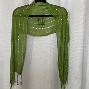 Green Sequin Shawl Scarf 2 pairs Tassel Earrings Easter Mother’s Day gift set